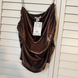Shiny Brown Cowl Neck Top spaghetti strap